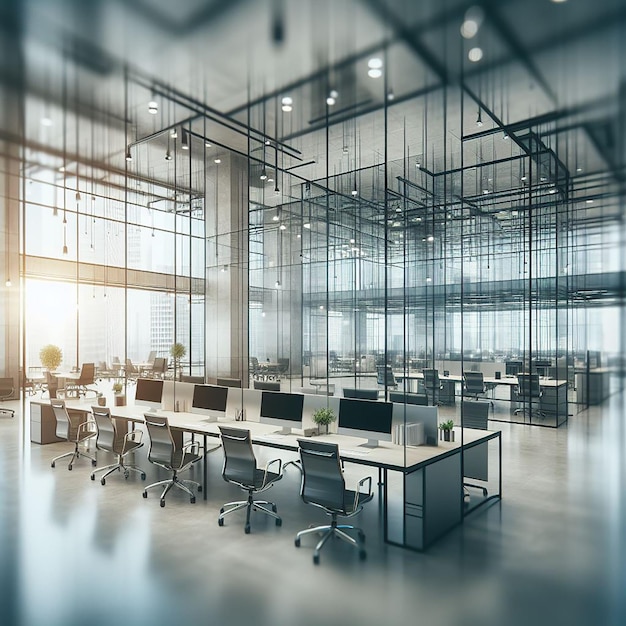 Empty Contemporary Office with Blurred Glass and Modern Workstations