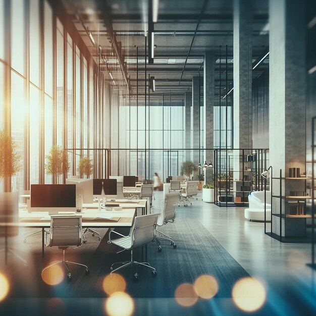 Empty Contemporary Office with Blurred Glass and Modern Workstations