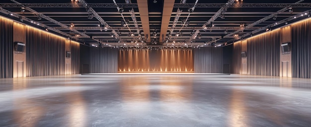 Photo empty convention hall center with stagethe backdrop for exhibition standsbooth elementsmeeting room for the conferencebig arena for entertainmentconcerteventpartymarry ballroom 3d render