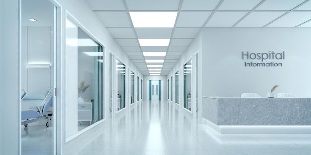 Empty corridor in modern hospital with information counter and hospital bed in rooms