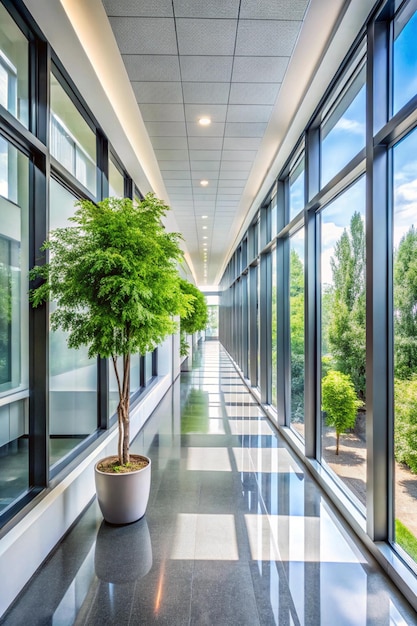 Photo empty corridor in modern office building with green tree outside the window