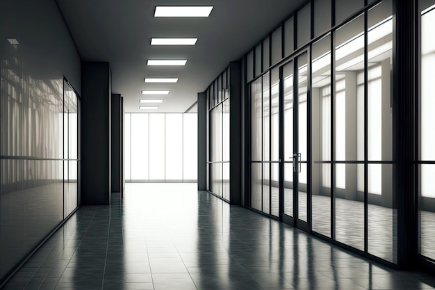 Empty corridor in office interior with glass partitions and large windows