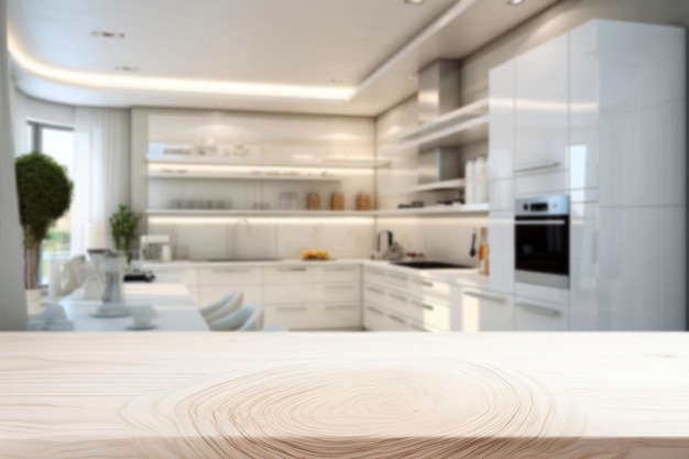 Empty Countertop In Foreground Against Modern White Kitchen Blurred Background A Place For Your Product Generative AI