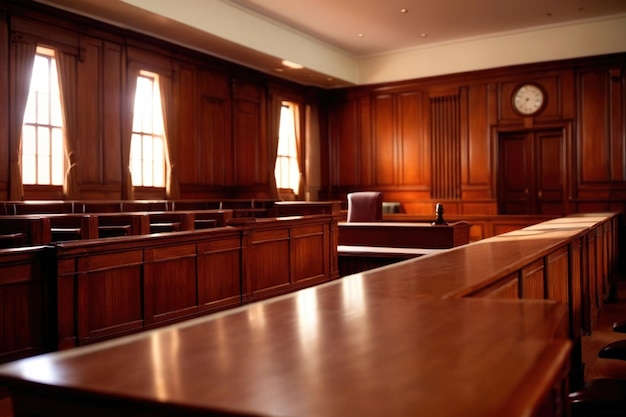 Photo empty courtroom not in session during legal proceedings