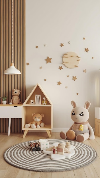 Empty cream wall in modern child room mock up interior in contemporary style free space