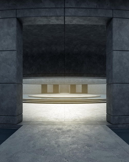 Empty curved concrete floor covered with ceiling 3d rendering of abstract interior space background