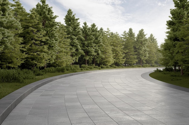 Empty curved concrete path with meadow and tree 3d rendering of abstract space with sky background