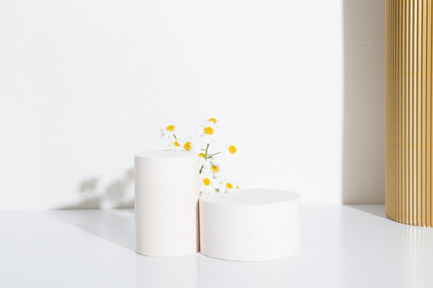 Empty cylindrical podium or pedestal with chamomile flowers on a white background and golden decoration.  Blank shelf product standing background