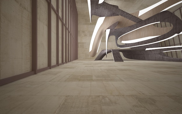 Empty dark abstract concrete and wood smooth interior Architectural background 3D illustration