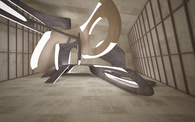 Empty dark abstract concrete and wood smooth interior Architectural background 3D illustration