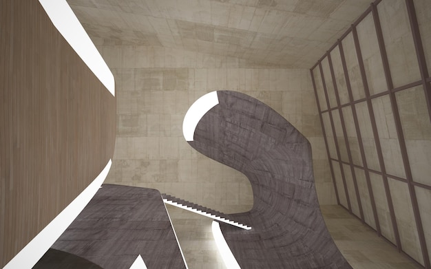 Empty dark abstract concrete and wood smooth interior Architectural background 3D illustration