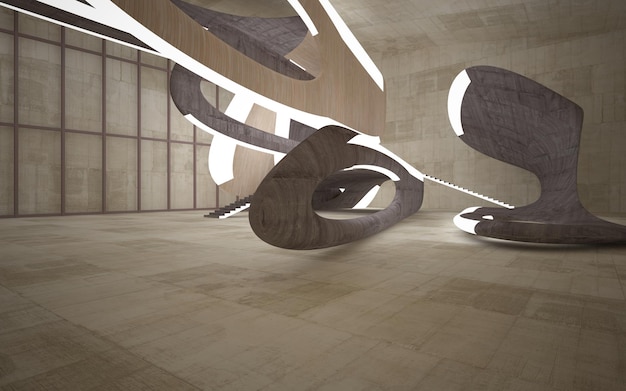 Empty dark abstract concrete and wood smooth interior Architectural background 3D illustration