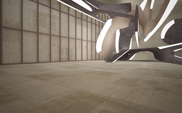 Empty dark abstract concrete and wood smooth interior Architectural background 3D illustration