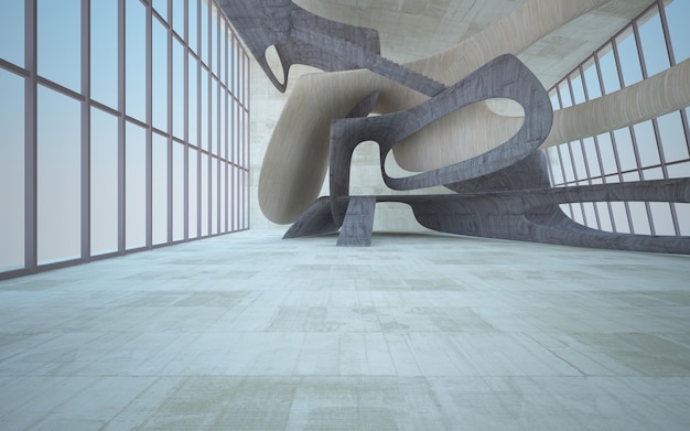 Empty dark abstract concrete and wood smooth interior Architectural background 3D illustration