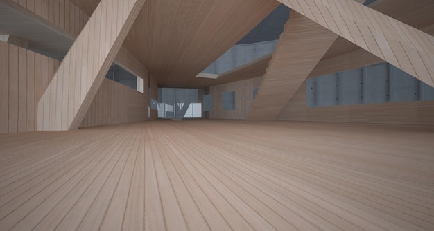 Empty dark abstract concrete and wood smooth interior Architectural background 3D illustration