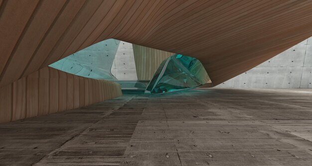 Empty dark abstract concrete and wood smooth interior Architectural background 3D illustration