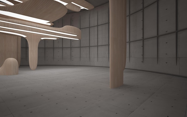 Empty dark abstract concrete and wood smooth interior Architectural background 3D