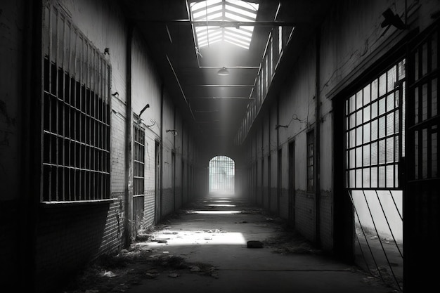 Empty dark dirty alley hallway of unused facilities old building jail