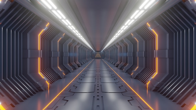 Empty Dark Futuristic Sci fi room, spaceship corridors orange light