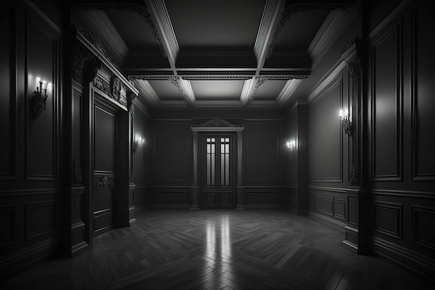 Empty dark room with a light from one window on the side