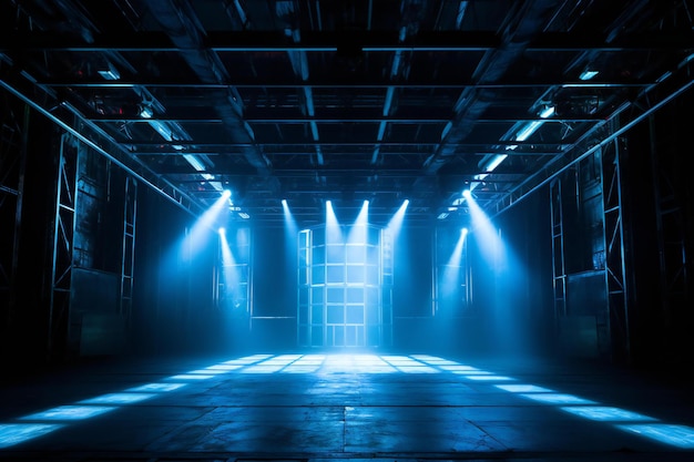 Empty dark room with neon lights and spotlights