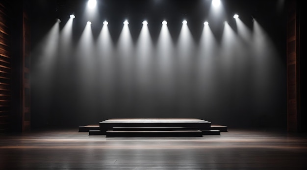 Empty dark stage shiny with spotlights wooden podium and wooden floor empty stage background