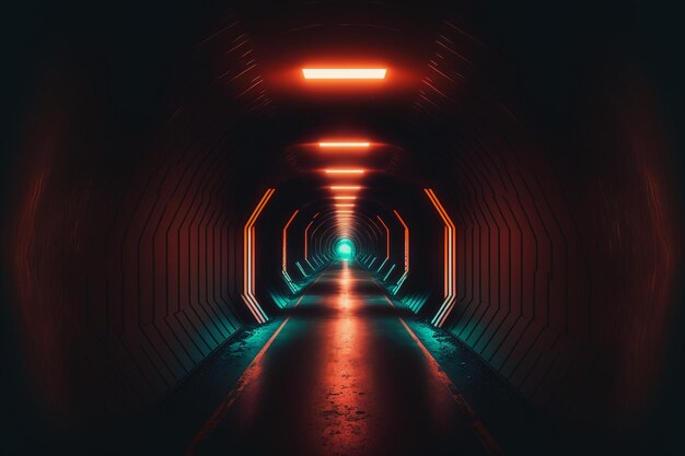 Empty dark tunnel illuminated by neon tube lights.