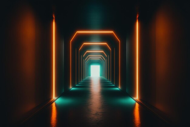 Empty dark tunnel illuminated by neon tube lights.