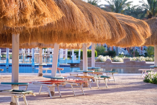 Empty deck chairs under straw shade umbrellas on swimming pool side in tropical resort Summer vacations and getaway concept