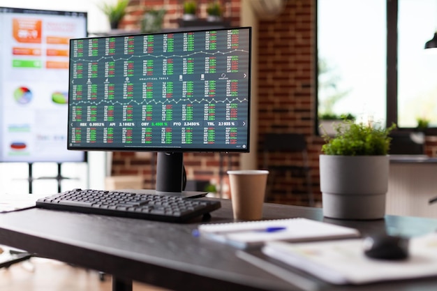 Empty desk with stock market exchange on monitor, used for crypto currency investment and global economy. Monitor with money rate analysis and financial graph to make exchange profit