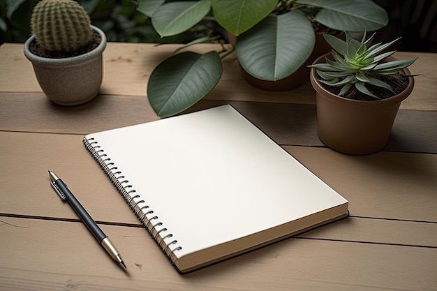 Empty diary blank notepad on wooden table with green plant