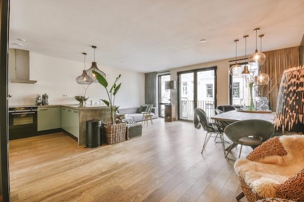 Empty dining room near kitchen