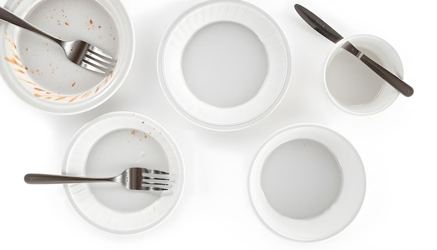 Photo empty dirty plastic dishes after dinner used plastic dishes top view plates bowls forks and a