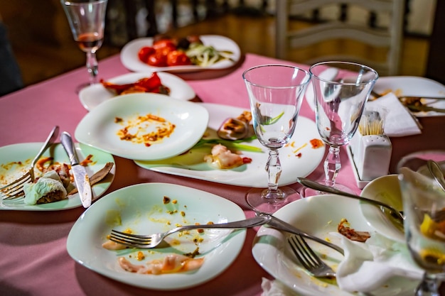 Empty dirty plates forks and glasses on the table with a bright tablecloth in the restaurant Dirty eating equipments including plates glasses on table after dinner