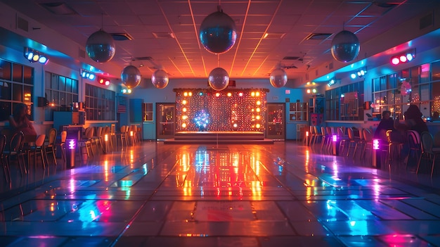 Empty Disco Club with Colorful Lights and Mirrors Generative AI