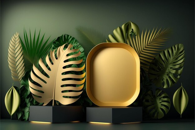 Empty display podium design in oval and cube shapes in front of tropical leaves decorated wall background