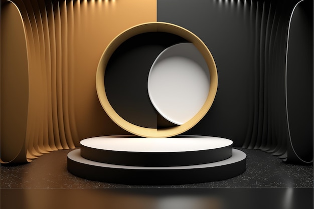 Empty display podium design in oval and cube shapes in front of ying yang style decorated wall background