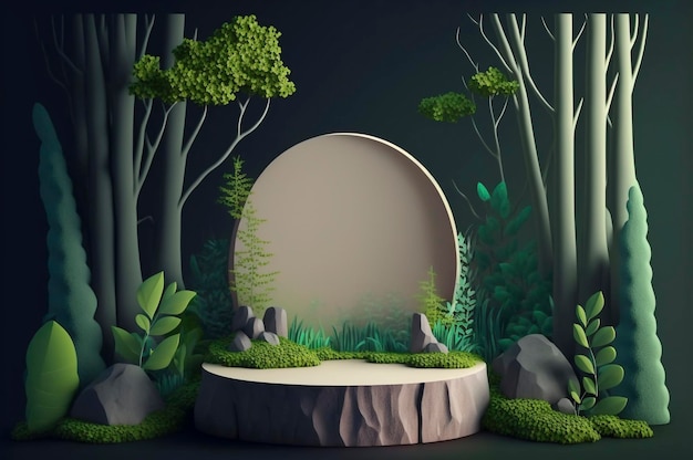 Empty display rocks as a pedestal for product presentation in the forest Created with Generative AI technology