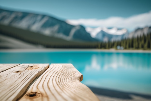 Empty display wooden table and forest lake background copy space Generative AI