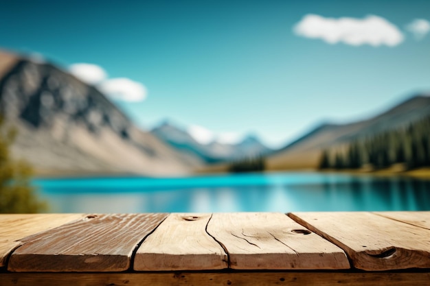 Empty display wooden table and forest lake background copy space Generative AI