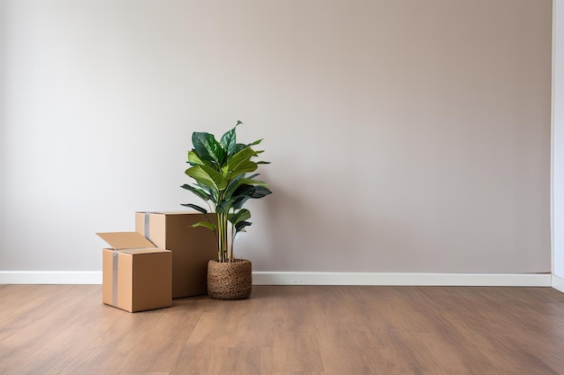 An empty doormat boxes for moving and a potted plant placed on wooden flooring