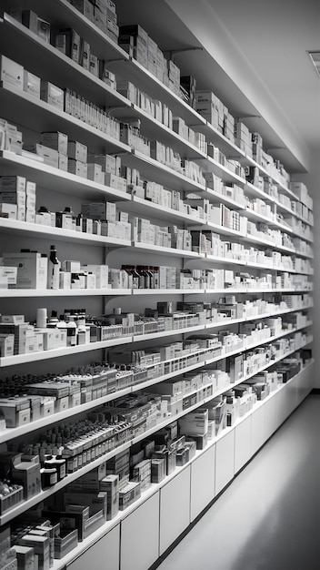 Empty drugstore with bottles and packages full with medicaments retl shop shelves with pharmaceuti