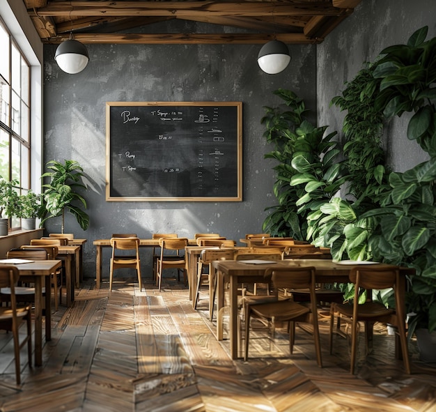 Empty eco friendly classroom interior design with wooden desks and blackboard