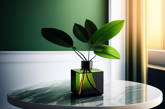 Empty elegant counter table black wooden top emerald green marble side tree twig in glass vase in