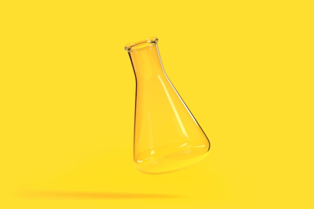 Empty erlenmeyer flask flies on yellow background 3D render illustration