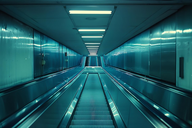 Empty Escalator in Modern Building with Teal Lighting