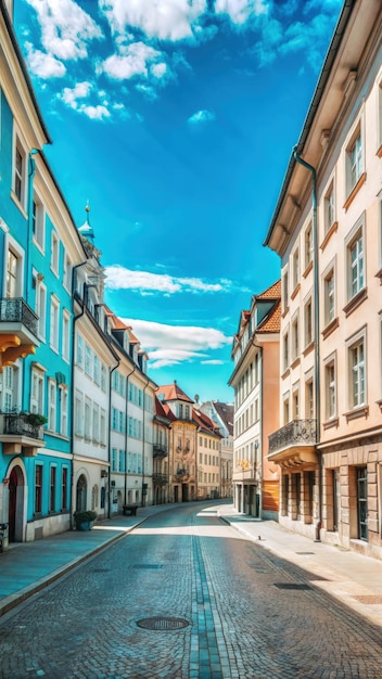 Empty European Street With Blue Sky on Sunny Day Generative AI