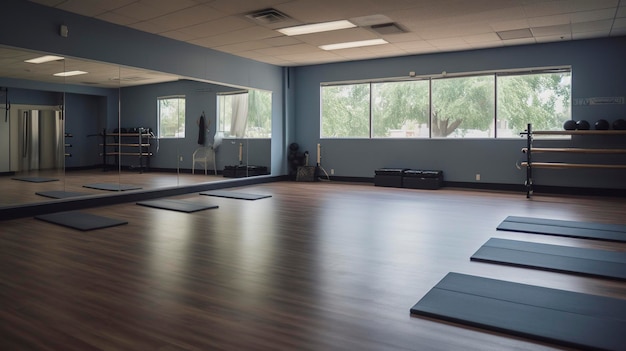 An empty exercise studio with yoga mats and resistance bands