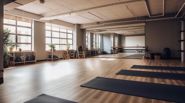 An empty exercise studio with yoga mats and resistance bands