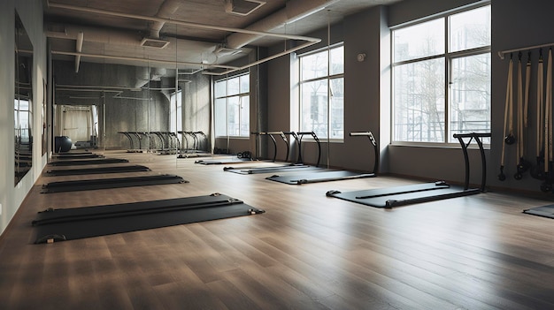 An empty exercise studio with yoga mats and resistance bands